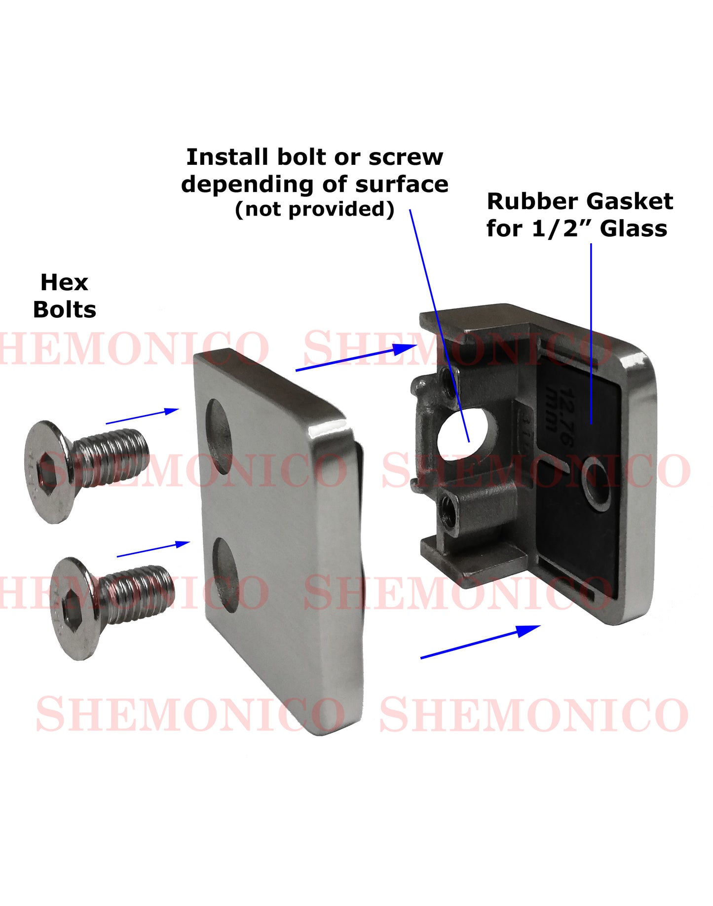 Stainless Steel 304 Grade Square Flat 1-1/2" Post Glass Clamp 2 1/8" x 2 1/8" for 1/2" Glass Satin Finish (G1091) - SHEMONICO