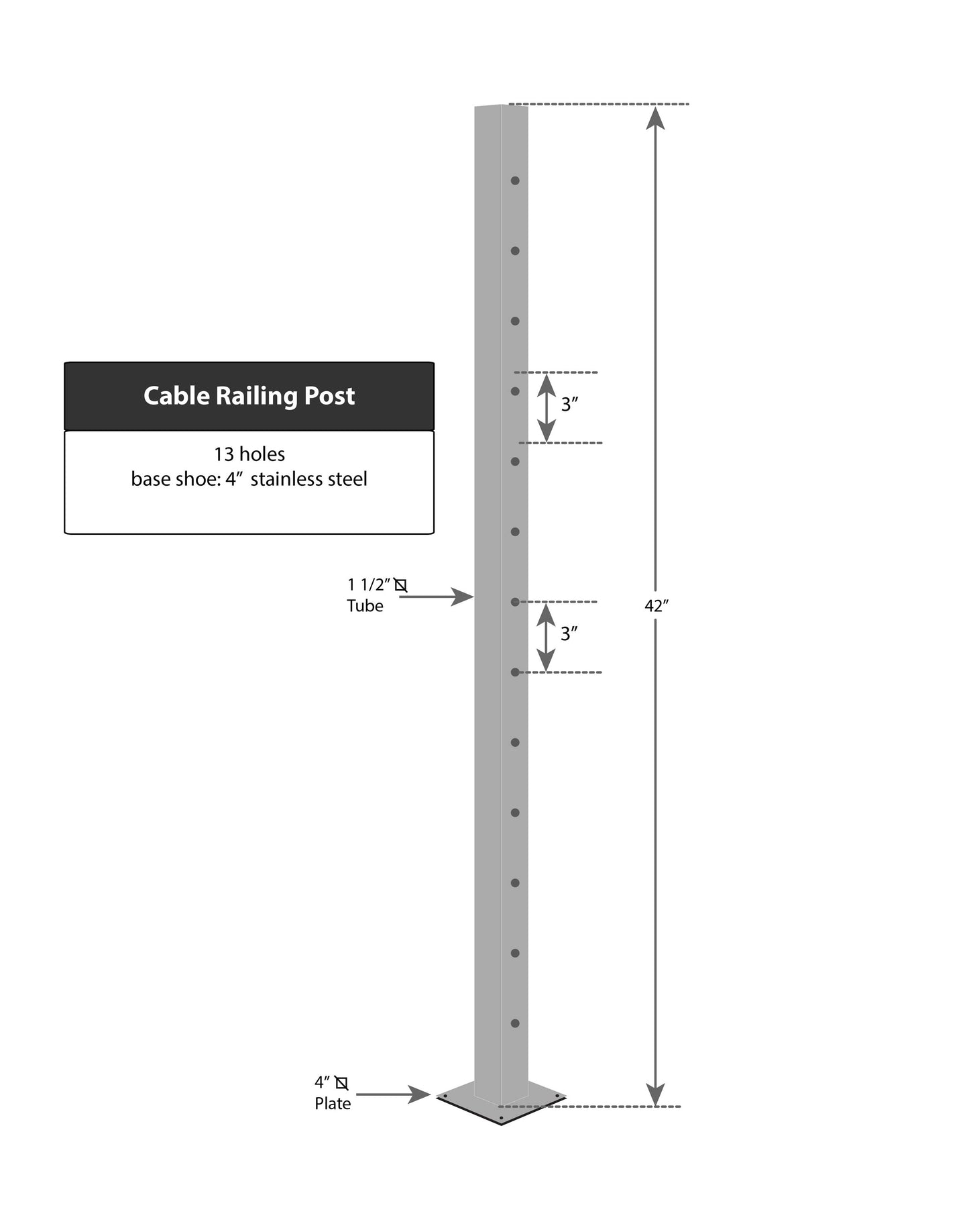 Stainless Steel Cable Railing Square Post 1.5" Wide, 42" Tall, 4" Base Plate & Cover, Black
