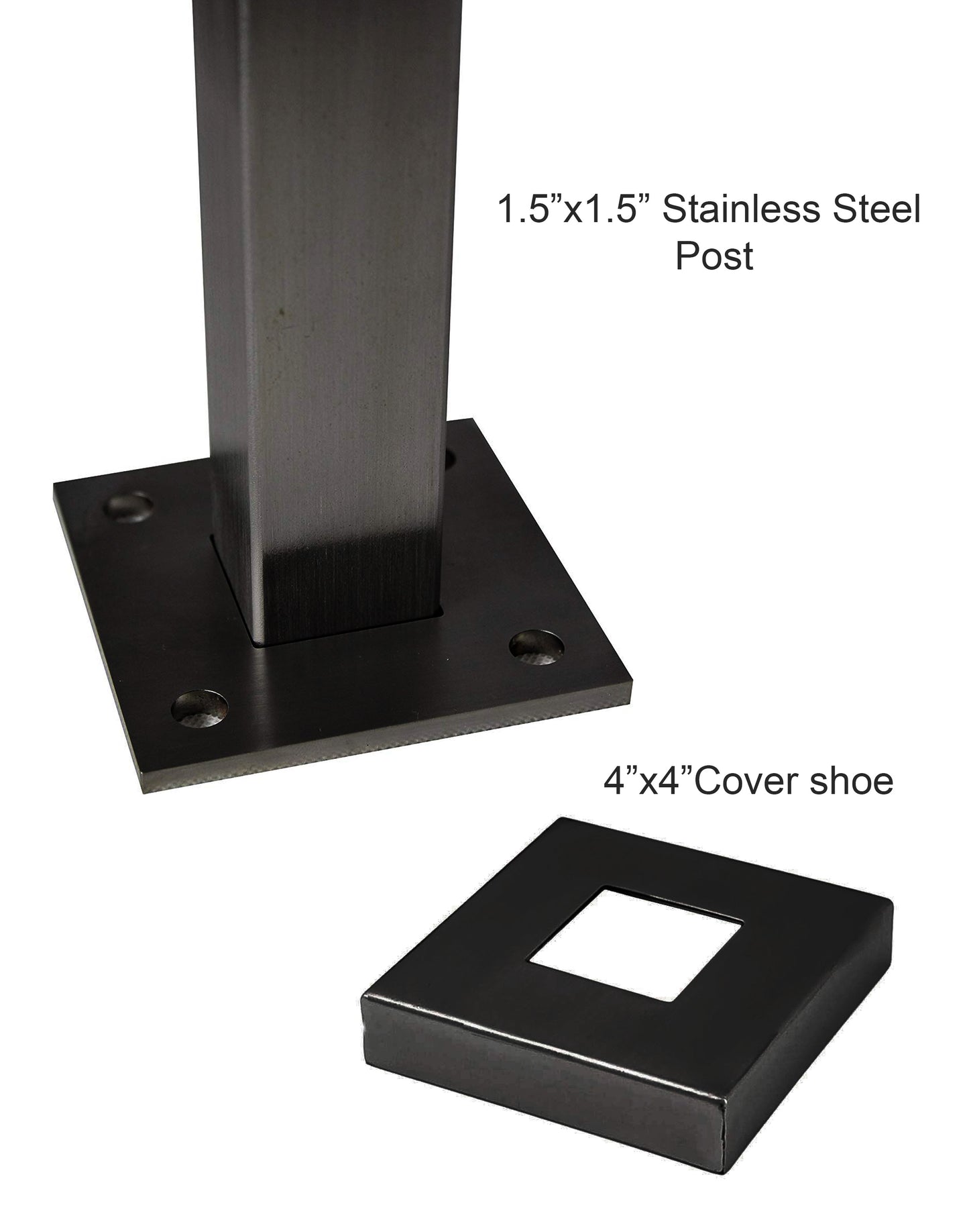 Stainless Steel Cable Railing Square Post 1.5" Wide, 42" Tall, 4" Base Plate & Cover, Black