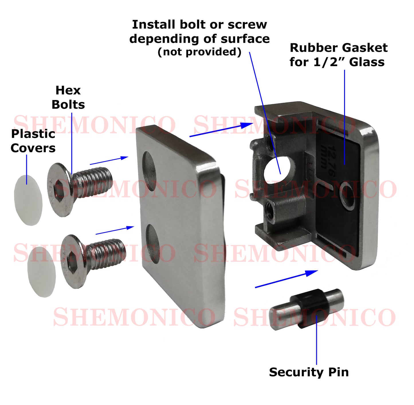 Stainless Steel 316 Grade Square Flat Post Glass Clamp 2 1/8" x 2 1/8" for 3/8" or 1/2" Glass Satin Finish (G1090) - SHEMONICO