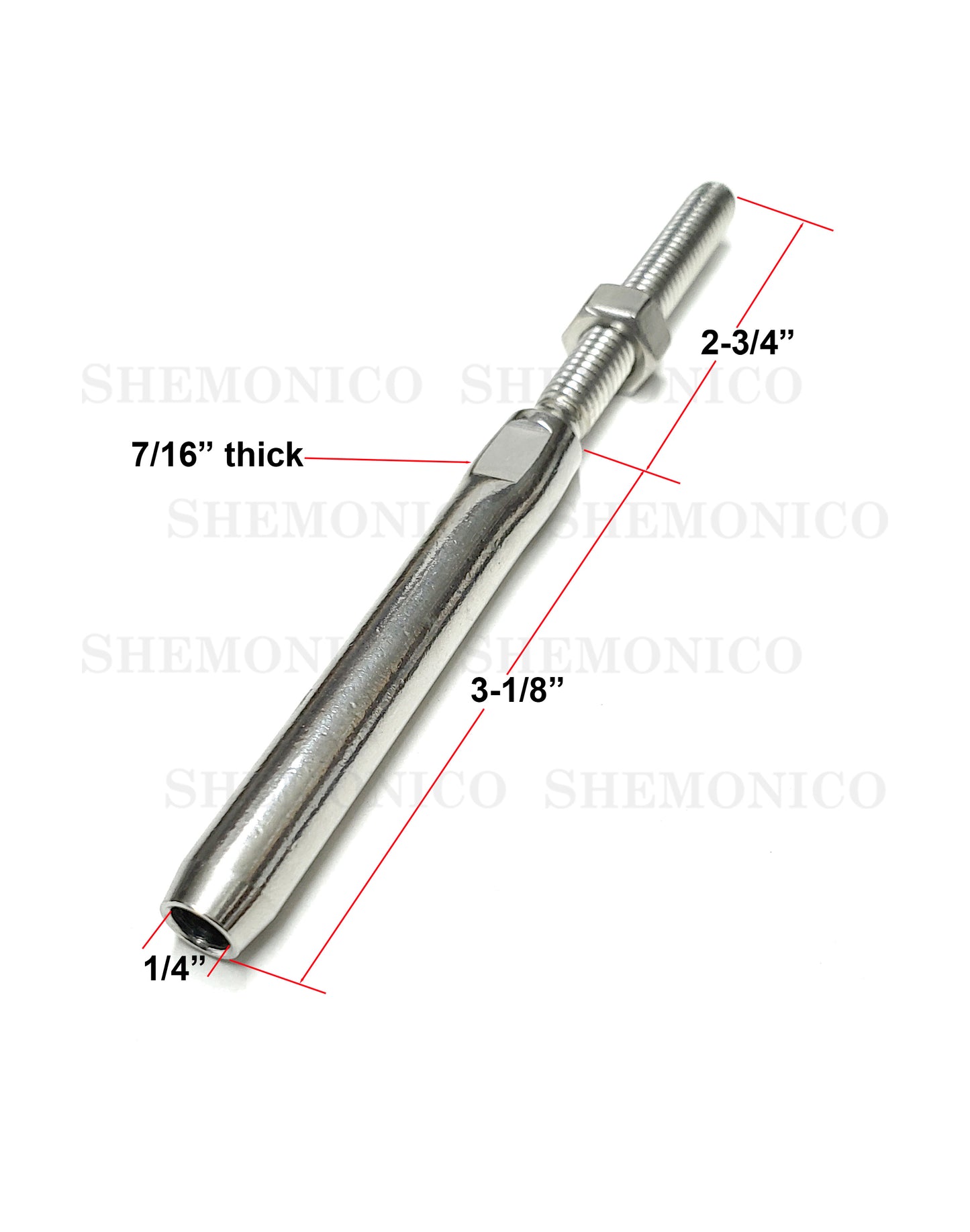 Hand Swage Threaded Stud for 1/4" Stainless Steel Cable Brush Finish (C1036-014-BRS) - SHEMONICO
