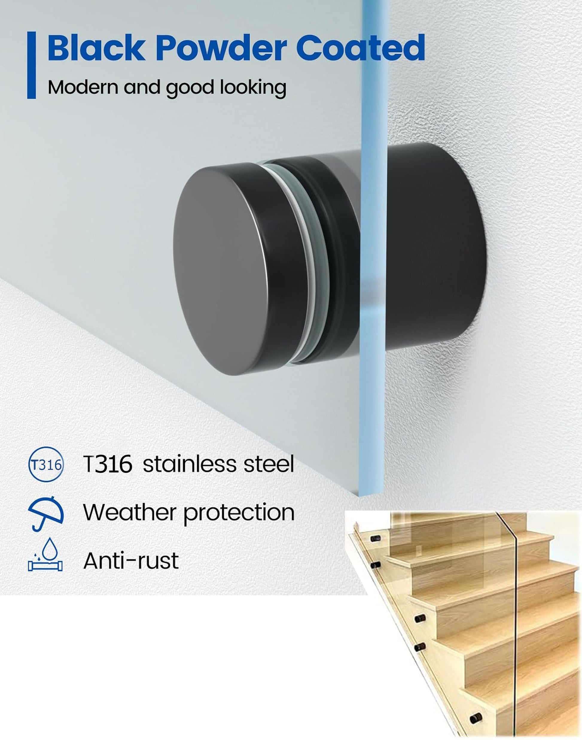 Matte Black Solid Standoff for Glass Railing 1.5" Inch  (G1040-150-FIX-BLK) - SHEMONICO