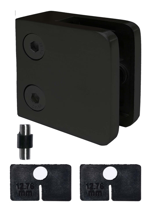 Satin Black 316 Grade Square Flat Post Glass Clamp 2 1/8" x 2 1/8" for 3/8" or 1/2" Glass Satin Finish (G1090-BLK) - SHEMONICO