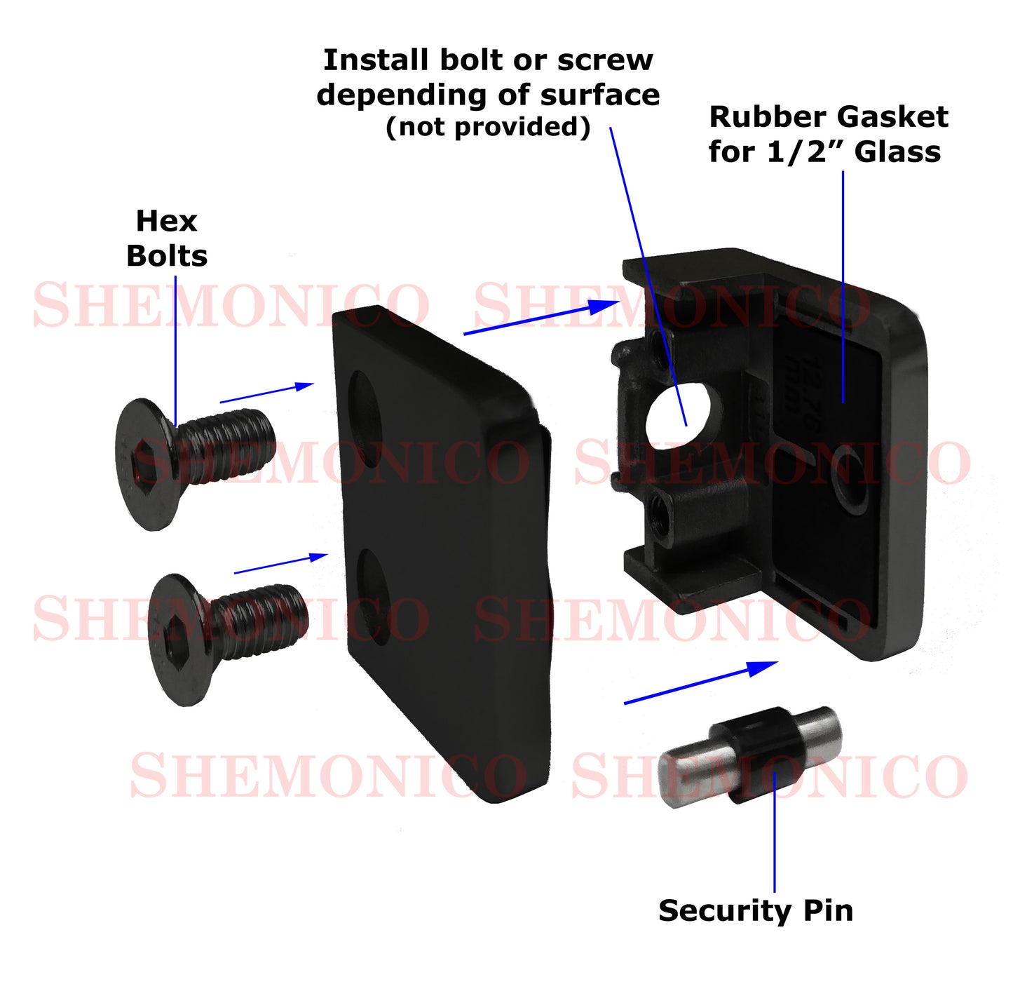 Satin Black 316 Grade Square Flat Post Glass Clamp 2 1/8" x 2 1/8" for 3/8" or 1/2" Glass Satin Finish (G1090-BLK) - SHEMONICO