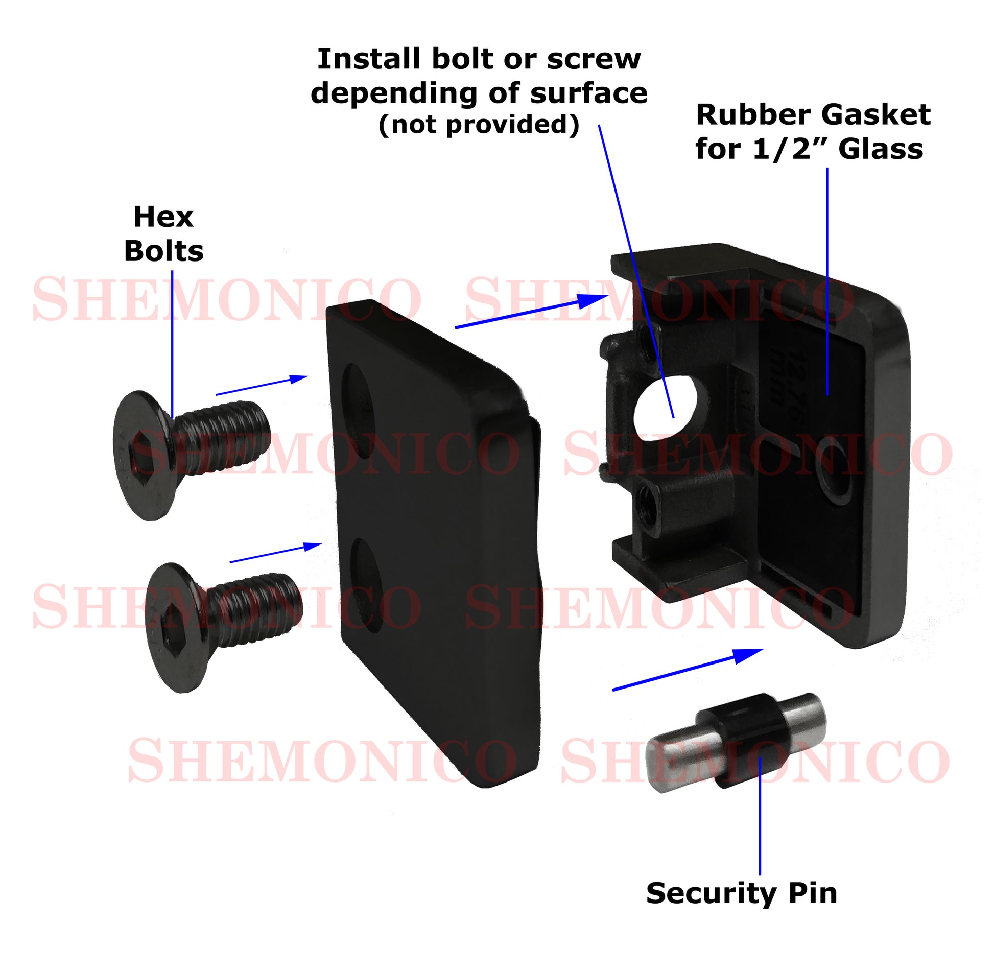 Satin Black 316 Grade Square Flat Post Glass Clamp 2 1/8" x 2 1/8" for 3/8" or 1/2" Glass Satin Finish (G1090-BLK) - SHEMONICO