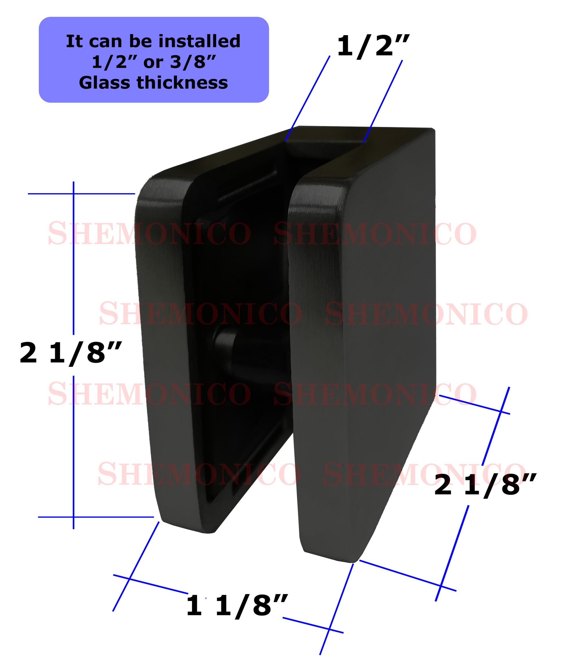 Satin Black 316 Grade Square Flat Post Glass Clamp 2 1/8" x 2 1/8" for 3/8" or 1/2" Glass Satin Finish (G1090-BLK) - SHEMONICO