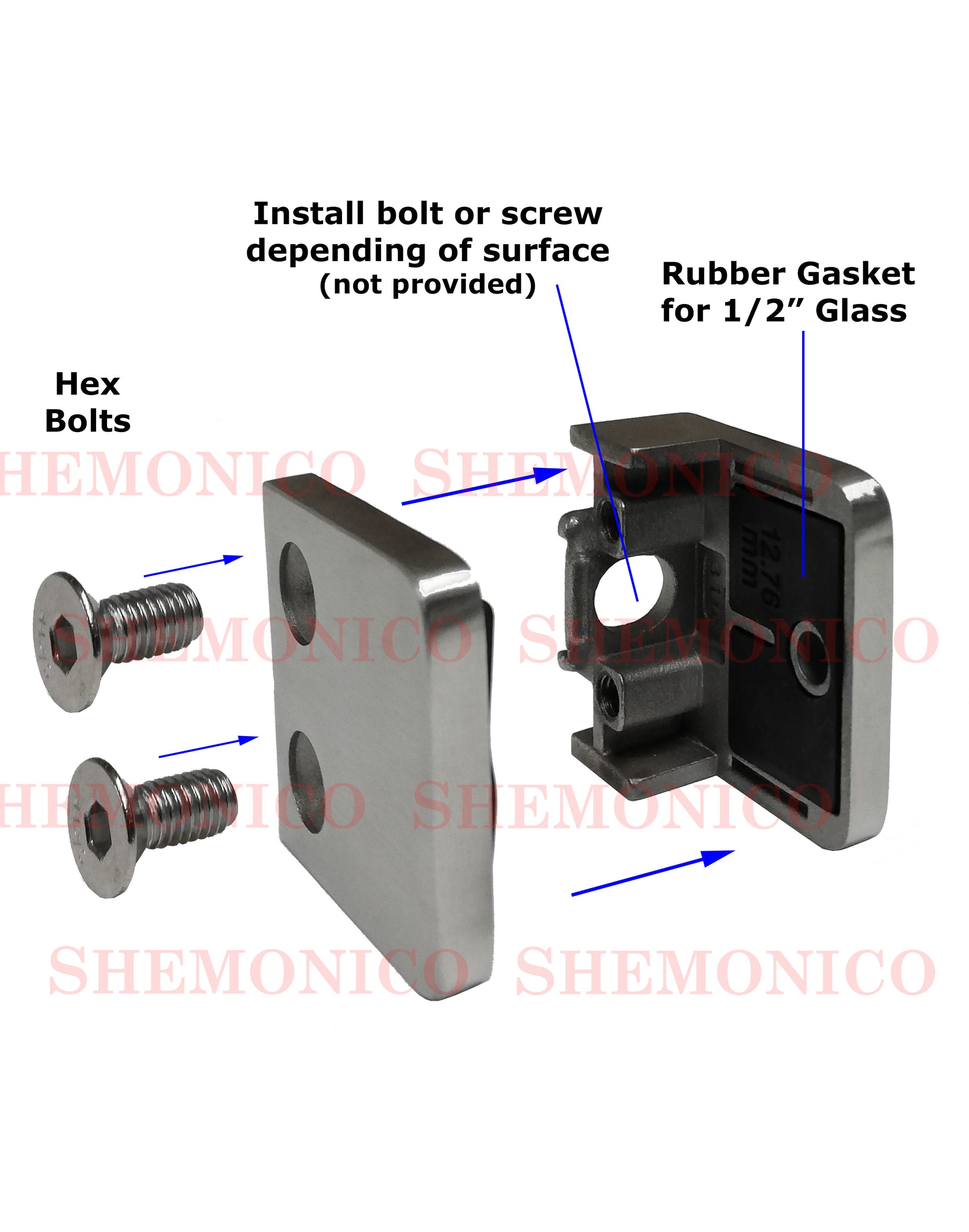 Stainless Steel 304 Grade Square Flat 1-1/2" Post Glass Clamp 2 1/8" x 2 1/8" for 1/2" Glass Satin Finish (G1091) - SHEMONICO