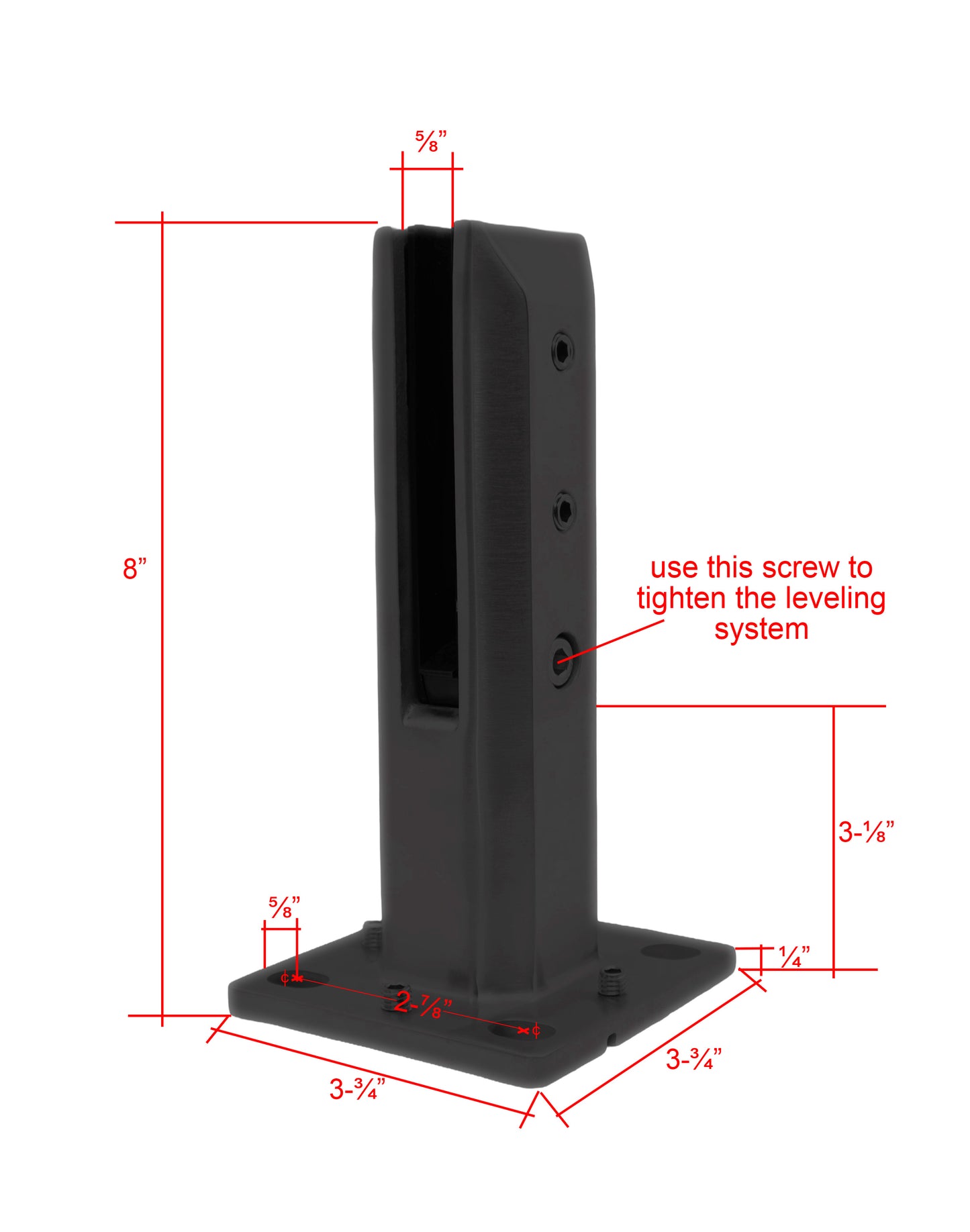 8" Stainless Steel Glass Railing Spigot for Staircase with Leveling Black Finish (G1130-BLK) - SHEMONICO