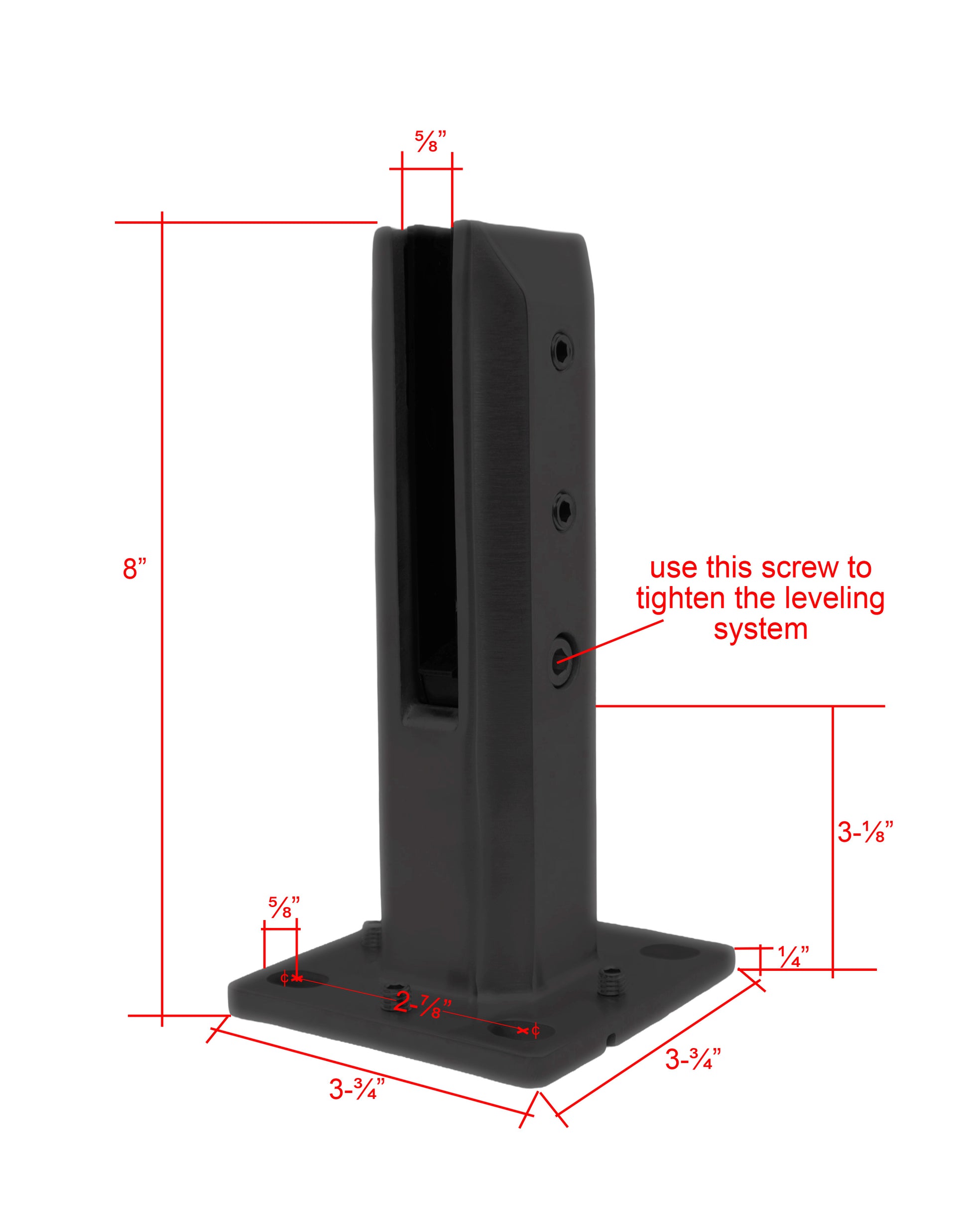 8" Stainless Steel Glass Railing Spigot for Staircase with Leveling Black Finish (G1130-BLK) - SHEMONICO