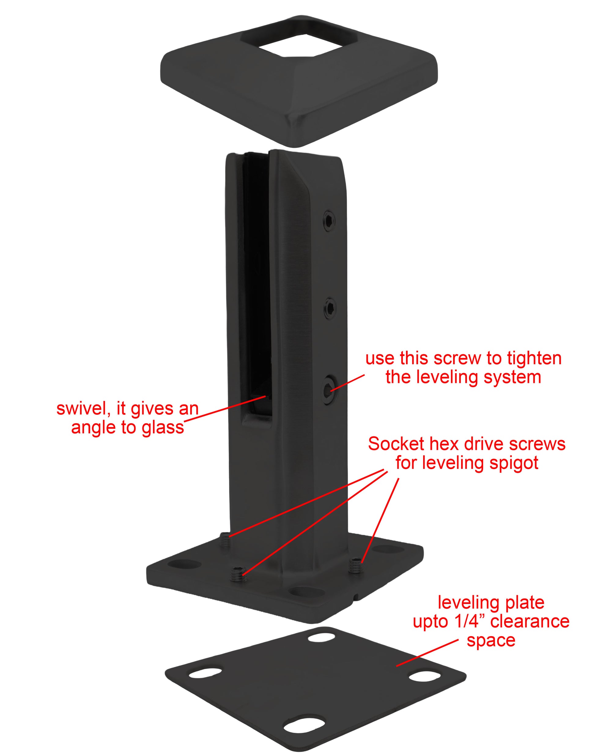 8" Stainless Steel Glass Railing Spigot for Staircase with Leveling Black Finish (G1130-BLK) - SHEMONICO