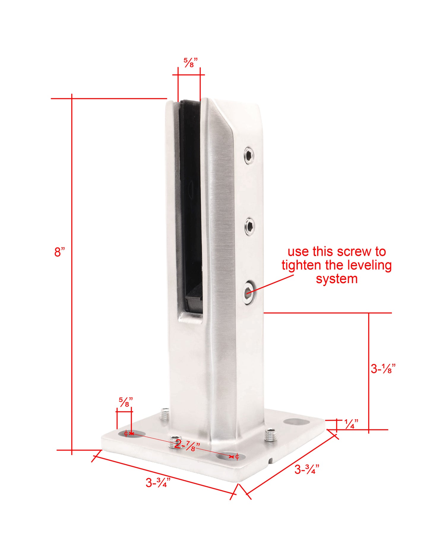 8" Stainless Steel Glass Railing Spigot for Staircase with Leveling Satin Finish (G1130-BRS) - SHEMONICO