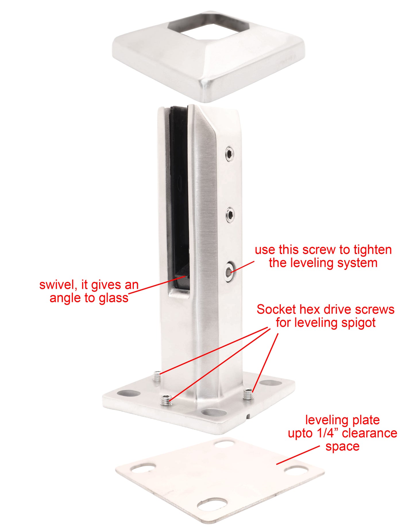 8" Stainless Steel Glass Railing Spigot for Staircase with Leveling Satin Finish (G1130-BRS) - SHEMONICO