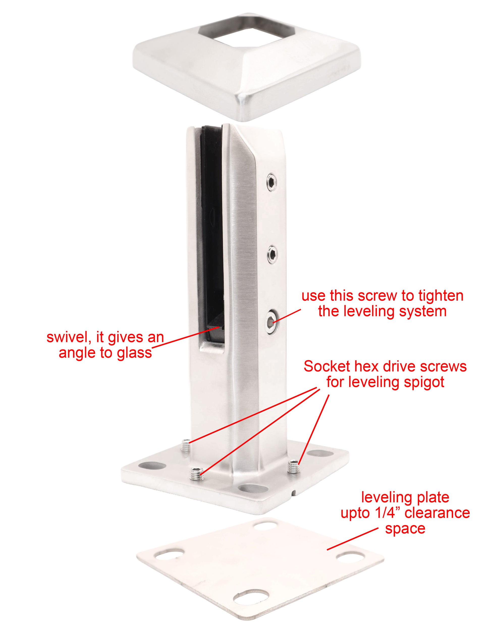 8" Stainless Steel Glass Railing Spigot for Staircase with Leveling Satin Finish (G1130-BRS) - SHEMONICO