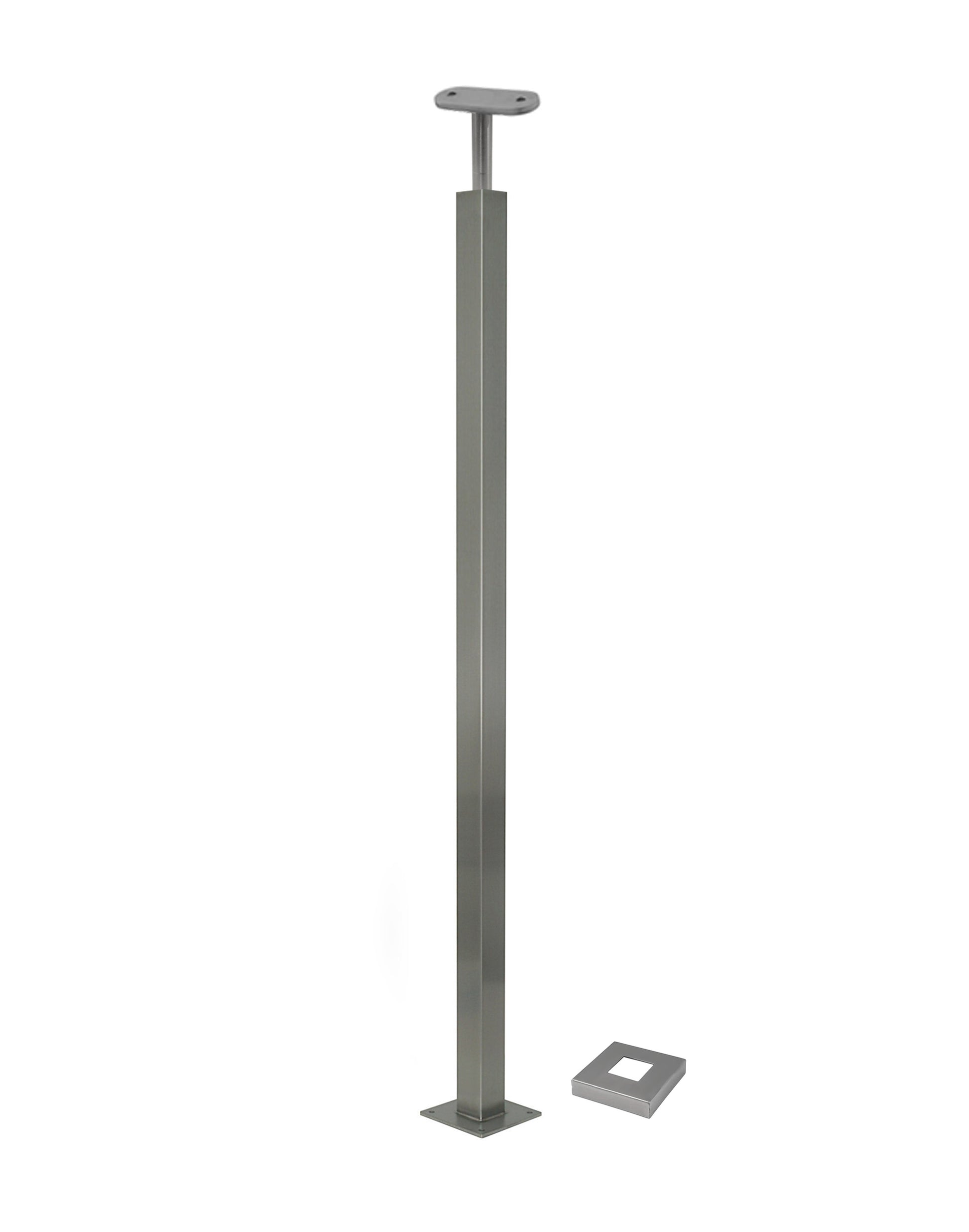 Stainless Steel Glass Railing Square Post 2" Wide, 42" Tall, 4" Base Plate & Cover - SHEMONICO
