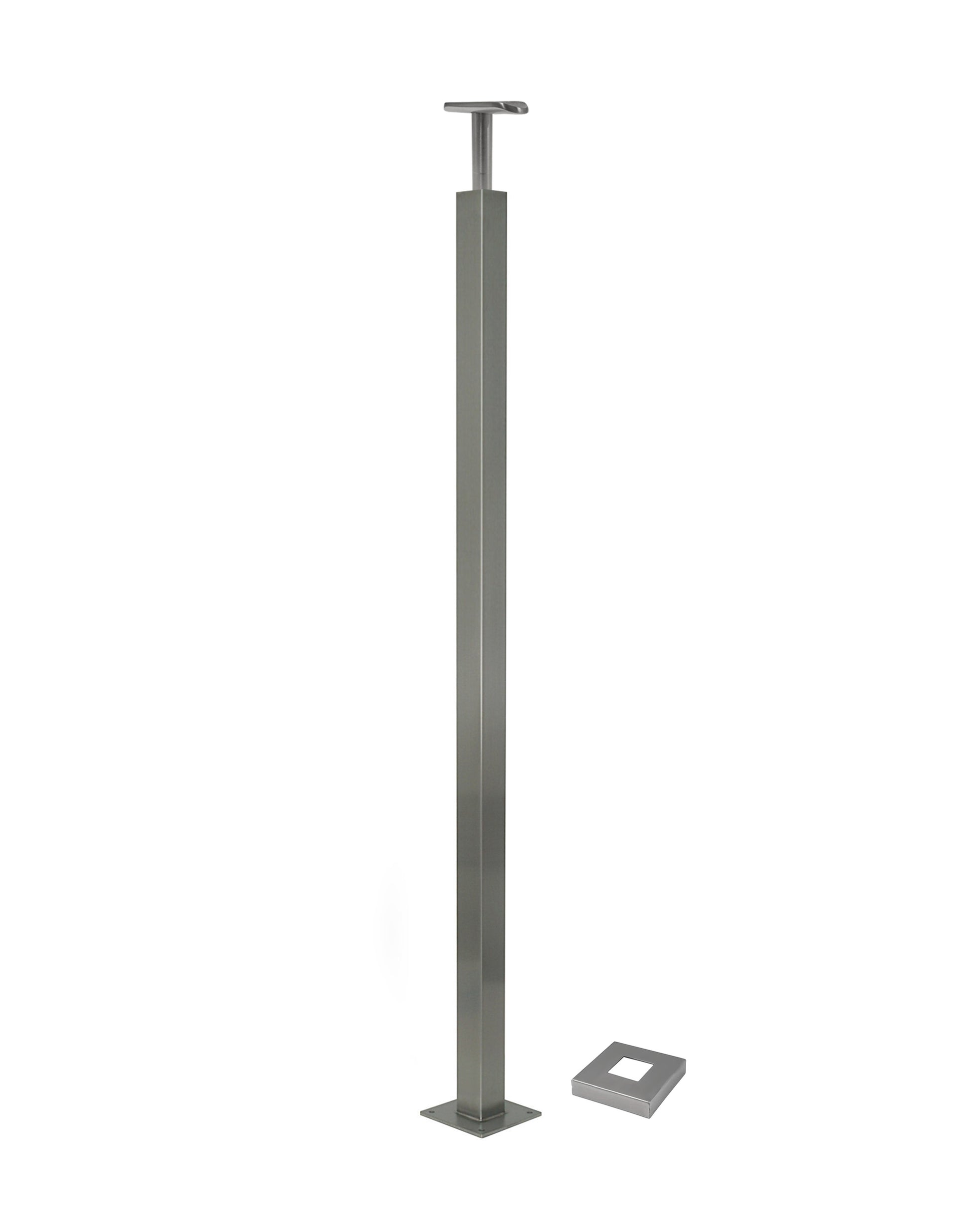 Stainless Steel Glass Railing Square Post 2" Wide, 42" Tall, 4" Base Plate & Cover - SHEMONICO