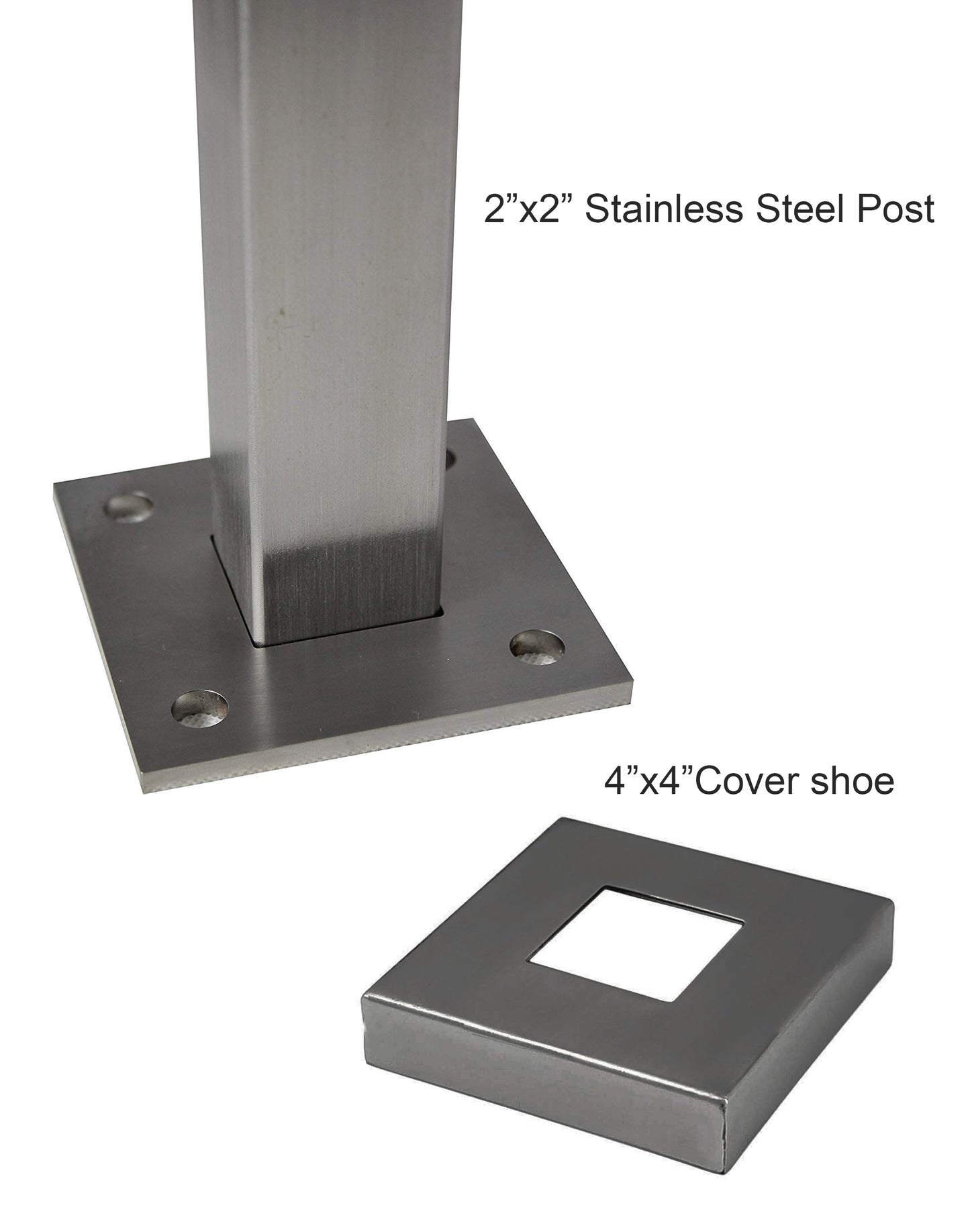 Stainless Steel Glass Railing Square Post 2" Wide, 42" Tall, 4" Base Plate & Cover - SHEMONICO