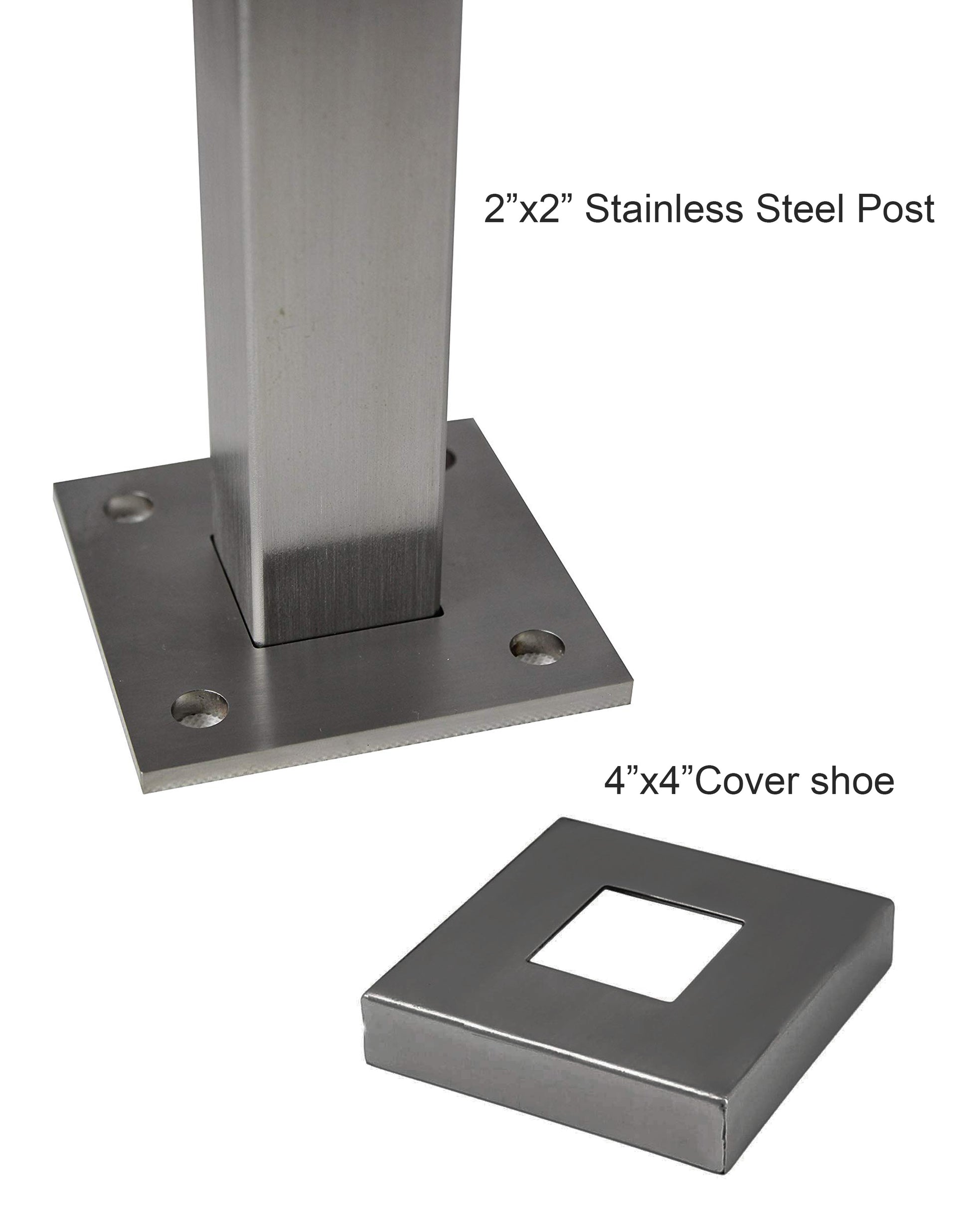 Stainless Steel Glass Railing Square Post 2" Wide, 42" Tall, 4" Base Plate & Cover - SHEMONICO