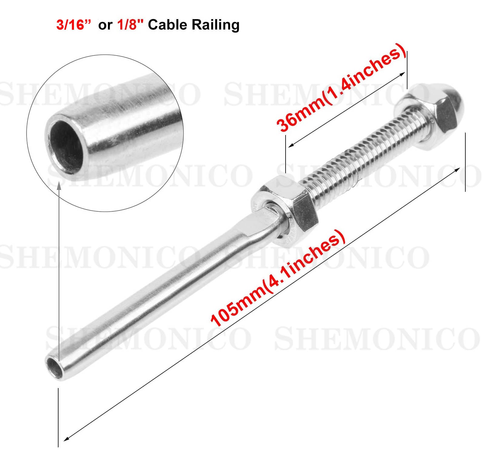 Hand Swage Tensioner Threaded Stud for 1/8" & 3/16" Cable T316 Marine Grade (C1036) - SHEMONICO