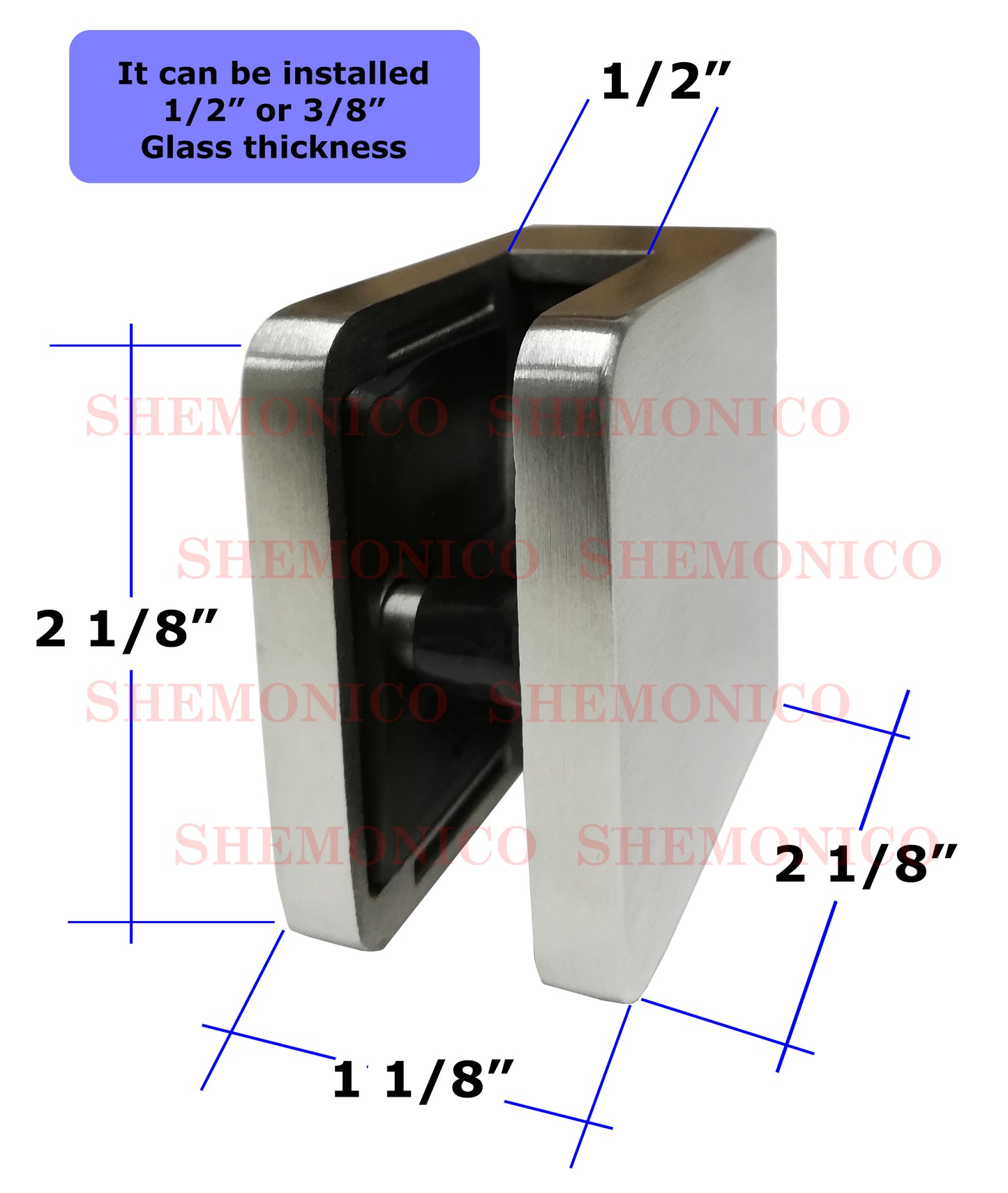 Stainless Steel 316 Grade Square Flat Post Glass Clamp 2 1/8" x 2 1/8" for 3/8" or 1/2" Glass Satin Finish (G1090) - SHEMONICO
