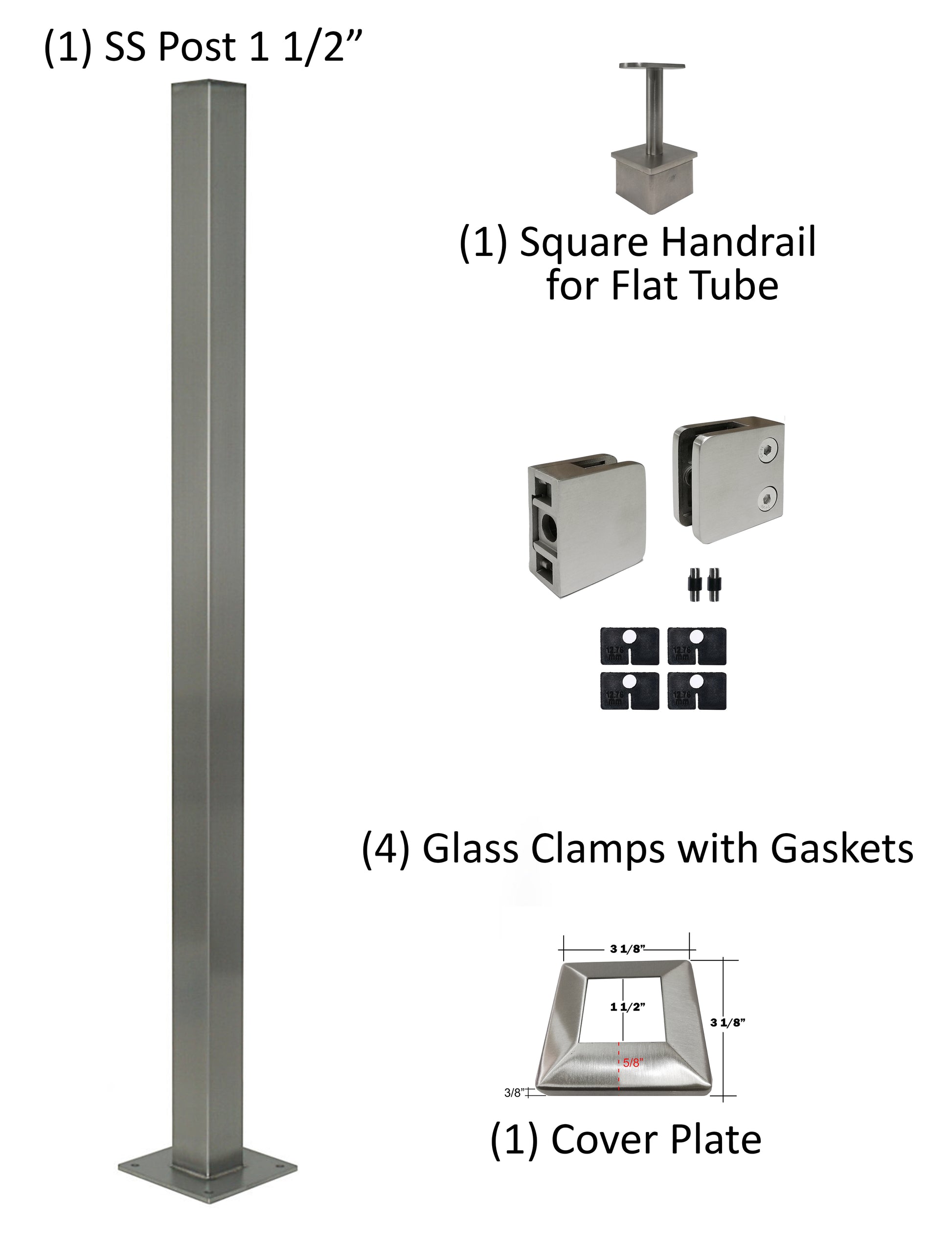 Stainless Steel Glass Railing Square Post 1 1/2" Wide, 42" Tall, Two 45mm Glass Clamps, 3" Base Plate & Cover - SHEMONICO
