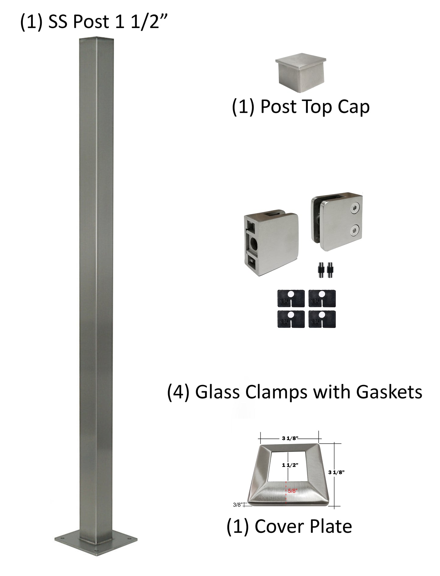 Stainless Steel Glass Railing Square Post 1 1/2
